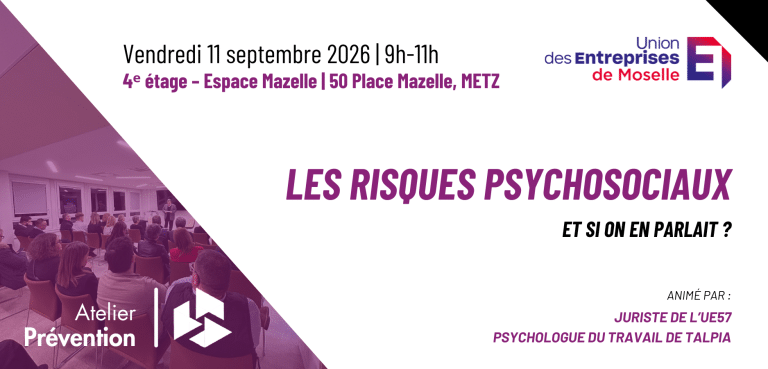 Affiche de l'atelier prévention des risques psychosociaux organisé par l'UE57 et Talpia le 11 septembre 2026 à Metz dans le cadre de la QVCT.