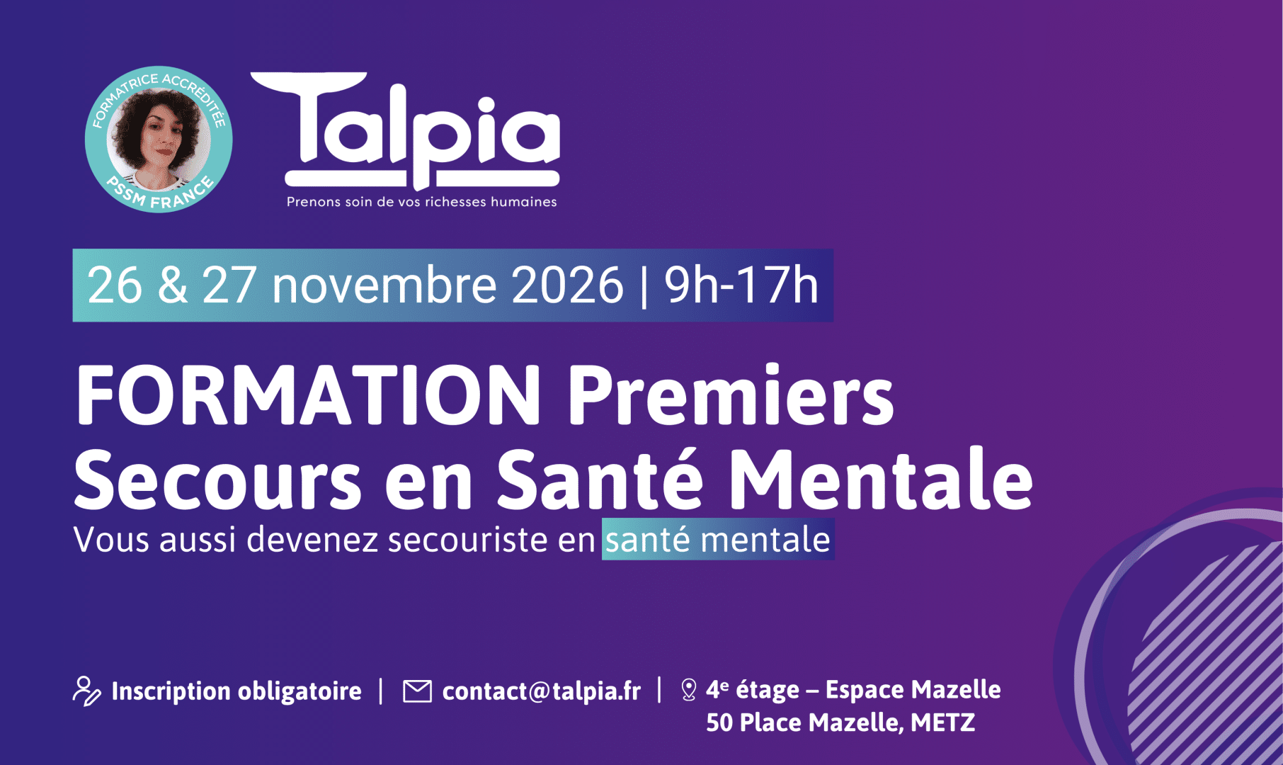 Formation Premiers Secours en Santé Mentale (PSSM) organisée par Talpia les 26 et 27 novembre 2026 à Metz.